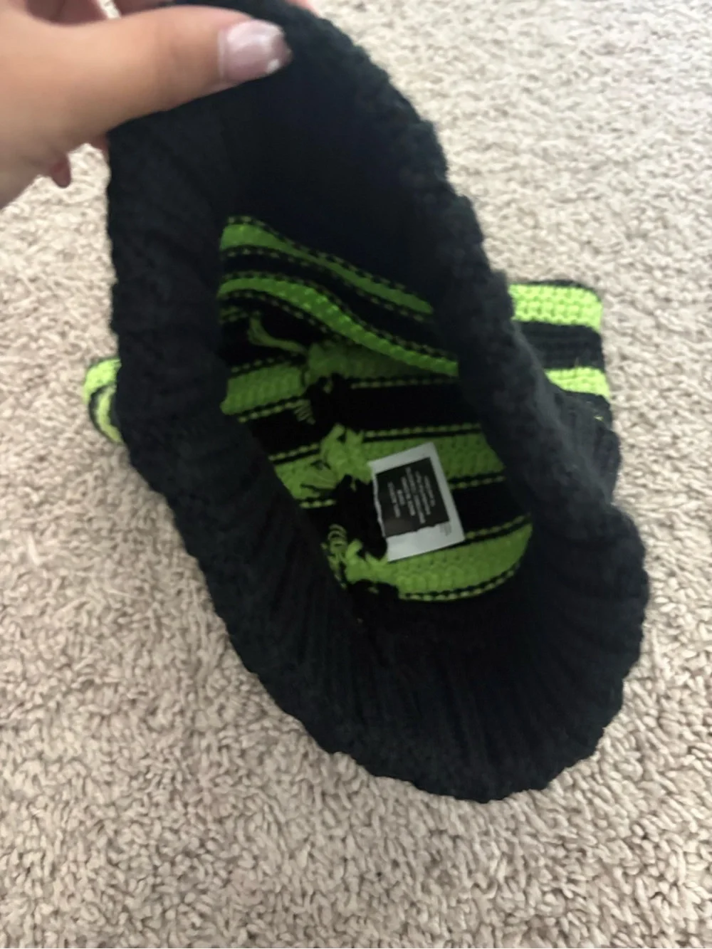 Kids Black & Lime Green Striped Beanie Hat with Cartoon Patch